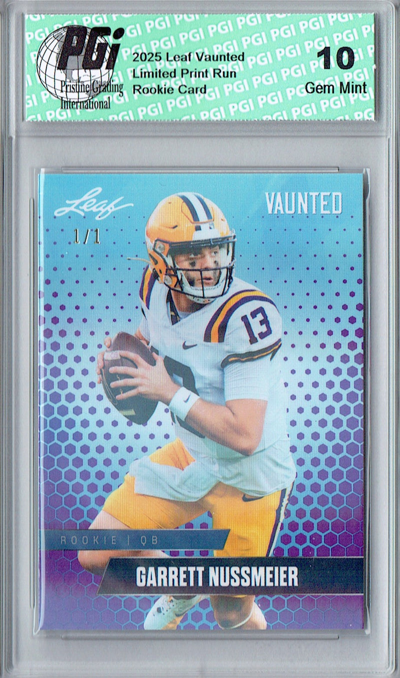 Garrett Nussmeier Rookie Card LSU / Kansas City PGI 10 Football Trading Card 2025 Leaf Vaunted #V-08 Purple Shimmer 1/1
