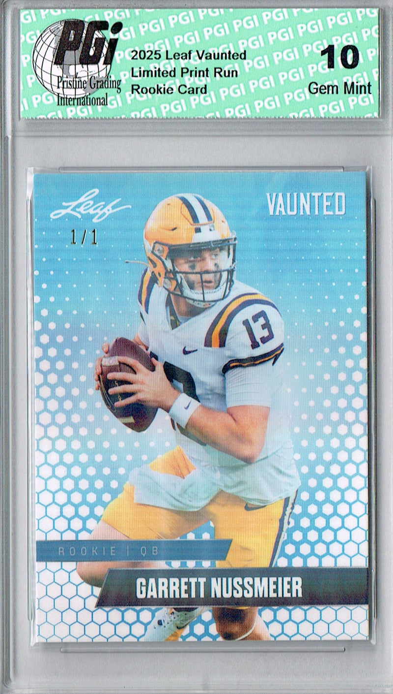 Garrett Nussmeier Rookie Card LSU / Kansas City PGI 10 Football Trading Card 2025 Leaf Vaunted #V-08 White Shimmer 1/1