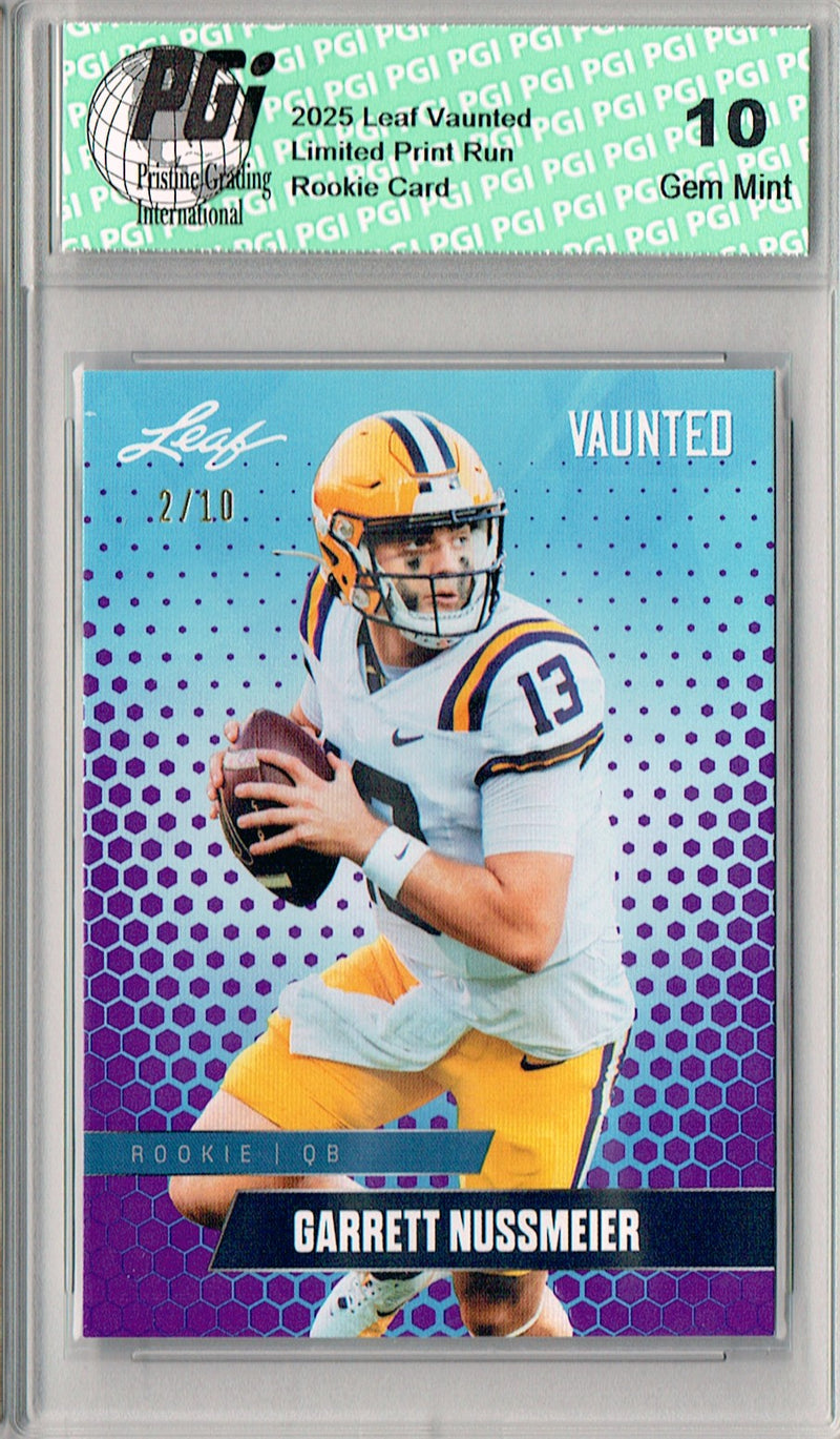 Garrett Nussmeier Rookie Card LSU / Kansas City PGI 10 Football Trading Card 2025 Leaf Vaunted #V-08 Purple 10 Made