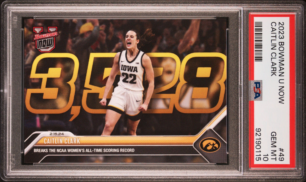 PSA 10 Caitlin Clark 2023 Bowman University Now #49 Scoring Record Rookie Card