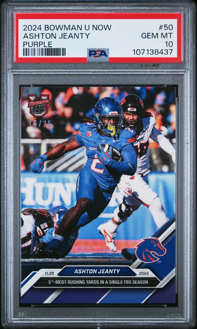 PSA 10 Ashton Jeanty 2024 Bowman University Now #50 Purple #16 of 25 Rookie Card Boise State