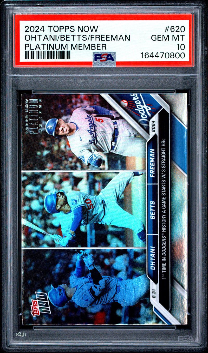 Ohtani, Betts, & Freeman Trading Card 2024 Topps Now #620 Platinum Member, PSA 10, Los Angeles Dodgers Baseball