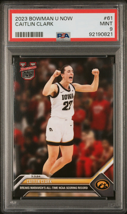 PSA 9 Caitlin Clark 2023 Bowman University Now #61 Breaks Maravich Rookie Card