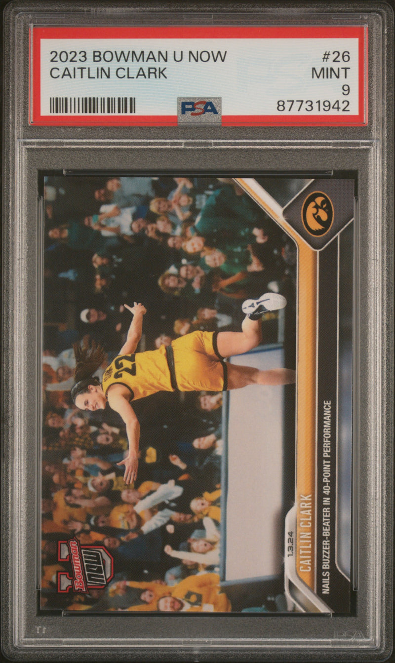 PSA 9 Caitlin Clark 2023 Bowman University Now #26 Buzzer Beater Rookie Card Iowa Hawkeyes