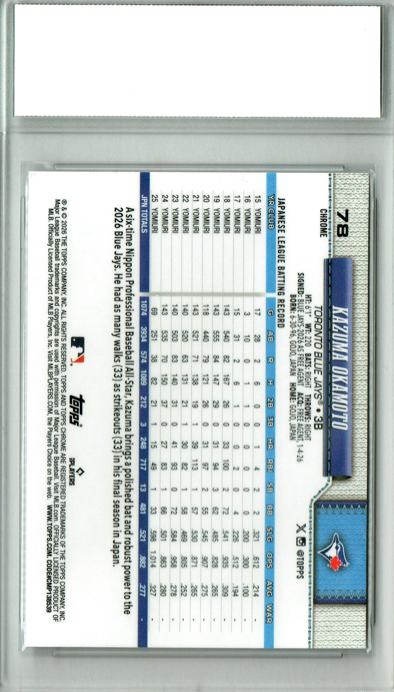 Kazuma Okamoto Rookie Card 2026 Topps Chrome #78, PGI 10, Toronto Blue Jays Baseball