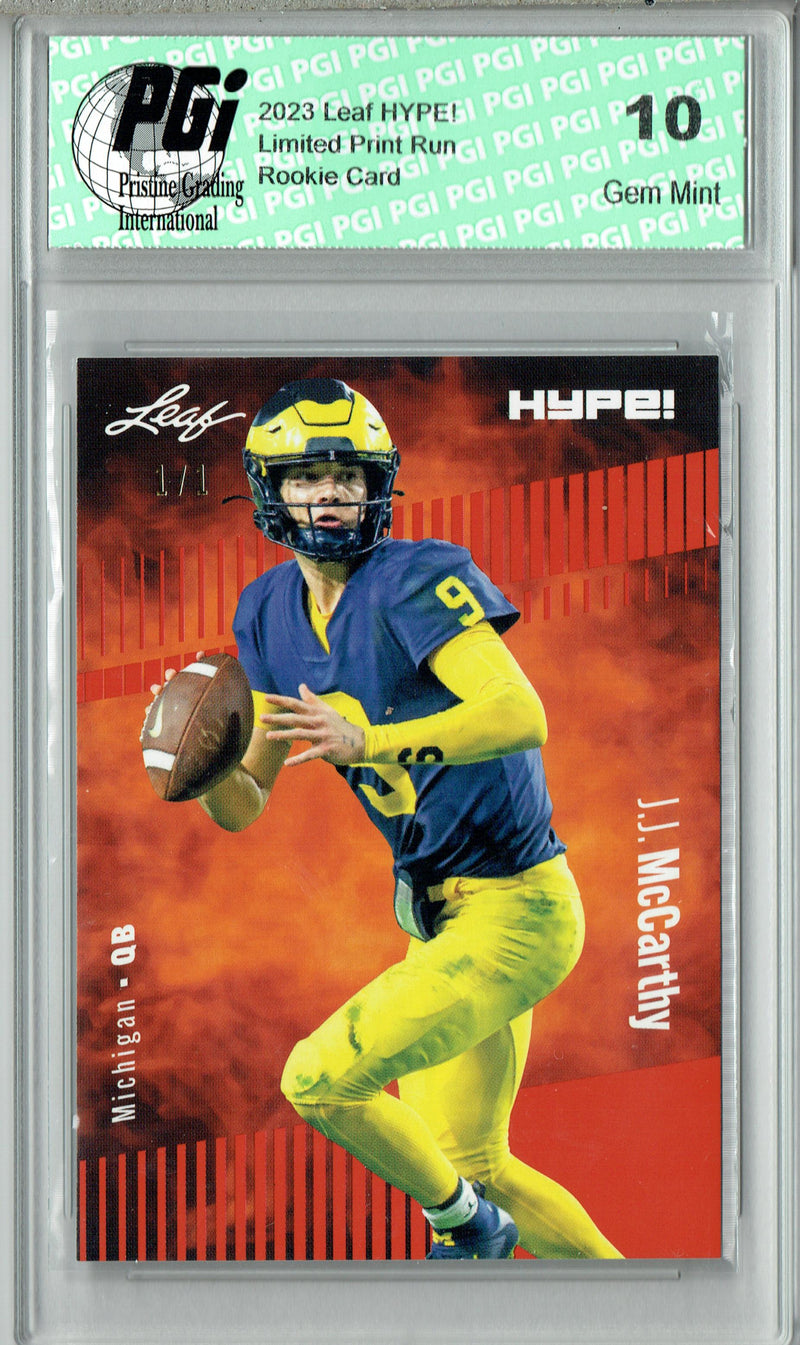 J.J. McCarthy Rookie Card Minnesota PGI 10 Gem Mint Football Trading Card 2023 Leaf HYPE! #122A Orange Blank Back 1/1