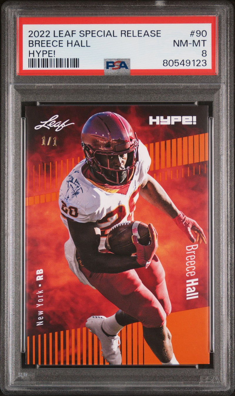 PSA 8 Breece Hall 2022 Leaf Hype! #90 Orange Masterpiece 1/1 Rare Trading Card