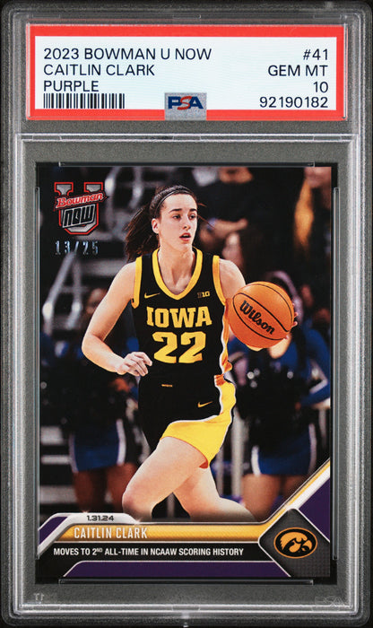 PSA 10 Caitlin Clark 2023 Bowman University Now #41 Purple SP #13/25 Rookie Card