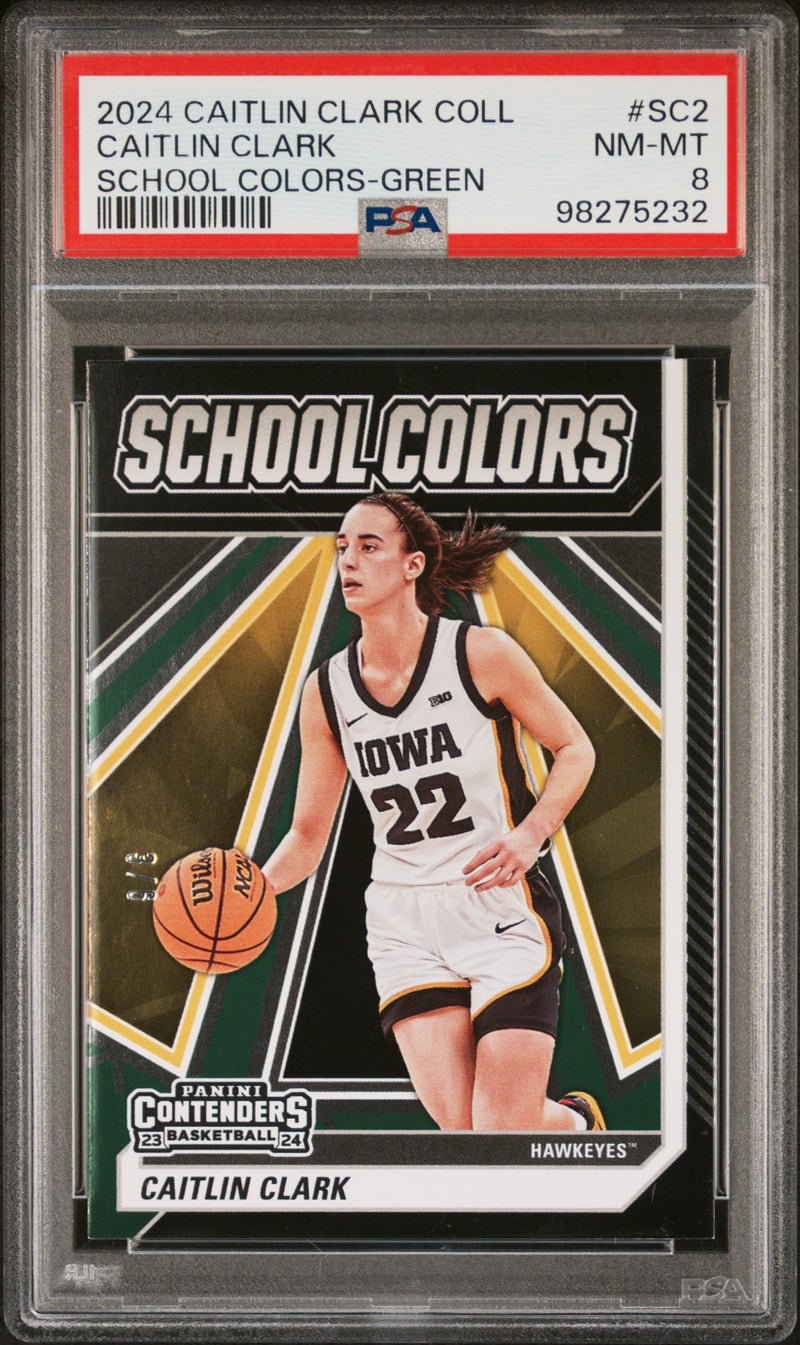 PSA 8 2024 Panini Caitlin Clark Collection #SC2 School Green #3/6 Rookie Card Iowa Hawkeyes
