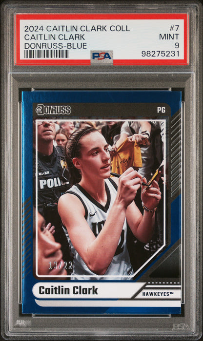 PSA 9 2024 Panini Caitlin Clark Collection #7 Donruss Blue SP 13/22 Rookie Card