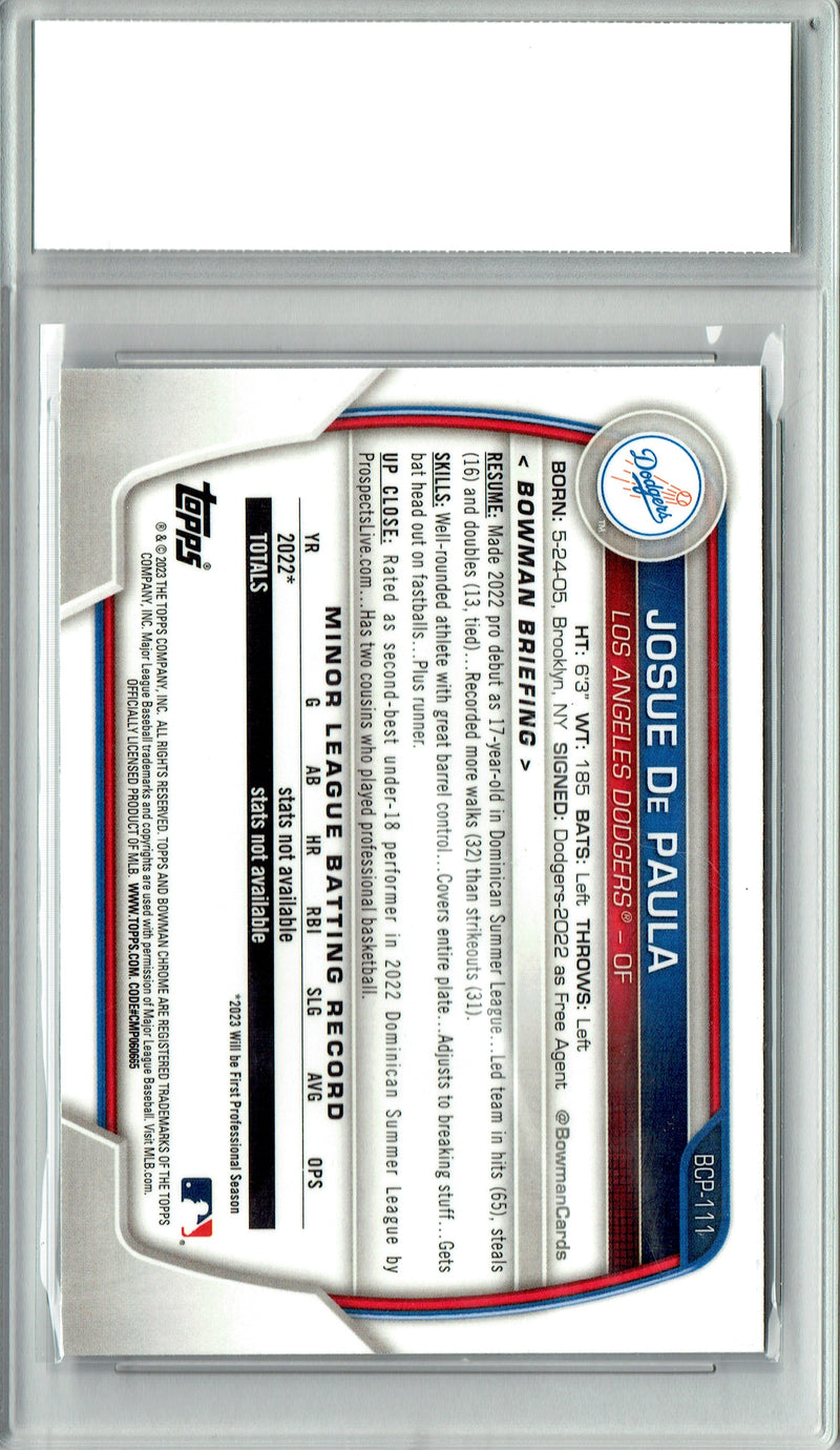 Josue De Paula Rookie Card 2023 Bowman Chrome #BCP-111 1st, PGI 10, Los Angeles Dodgers Baseball
