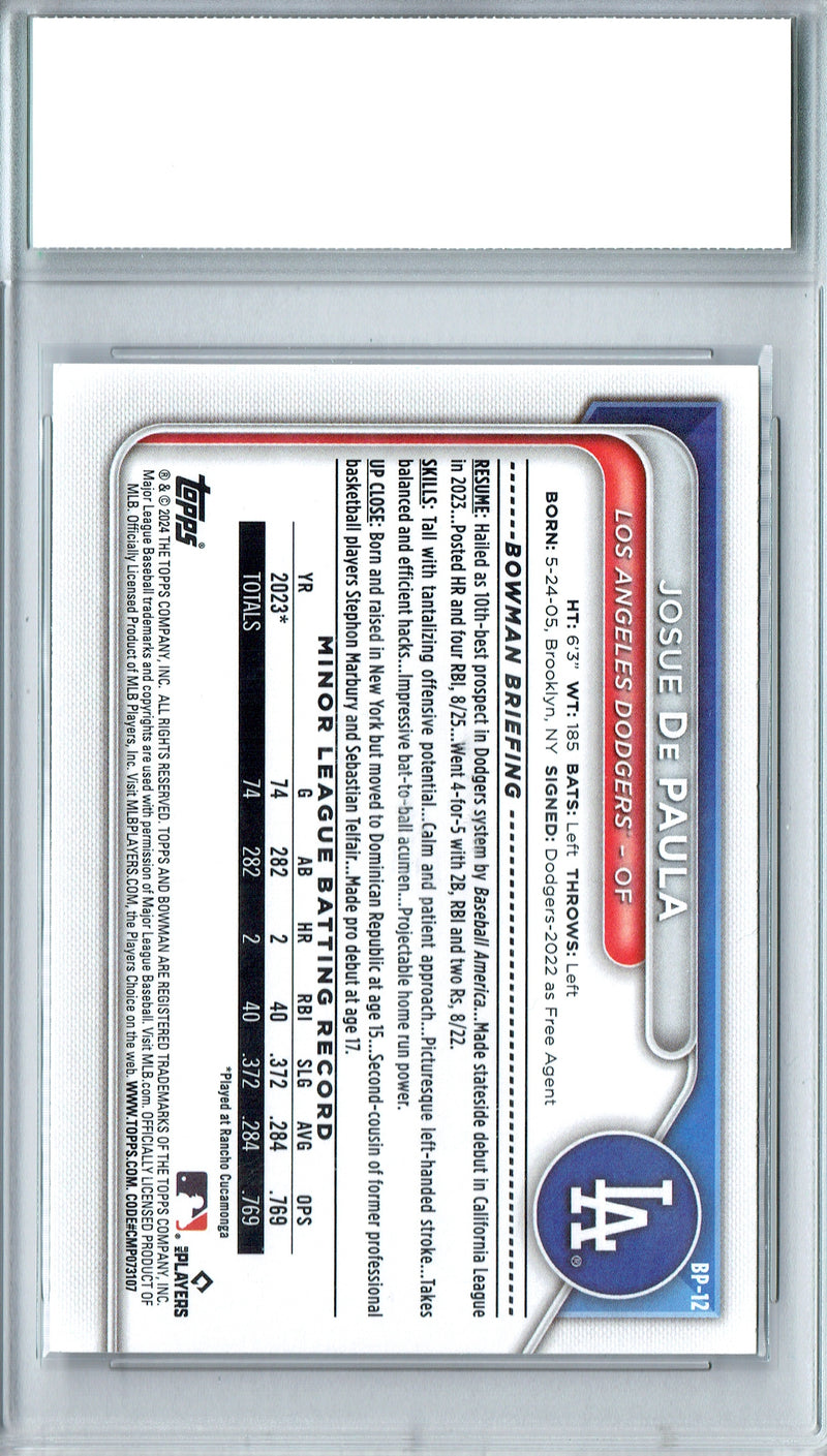 Josue De Paula Rookie Card 2024 Bowman #BP-12, PGI 10, Los Angeles Dodgers Baseball