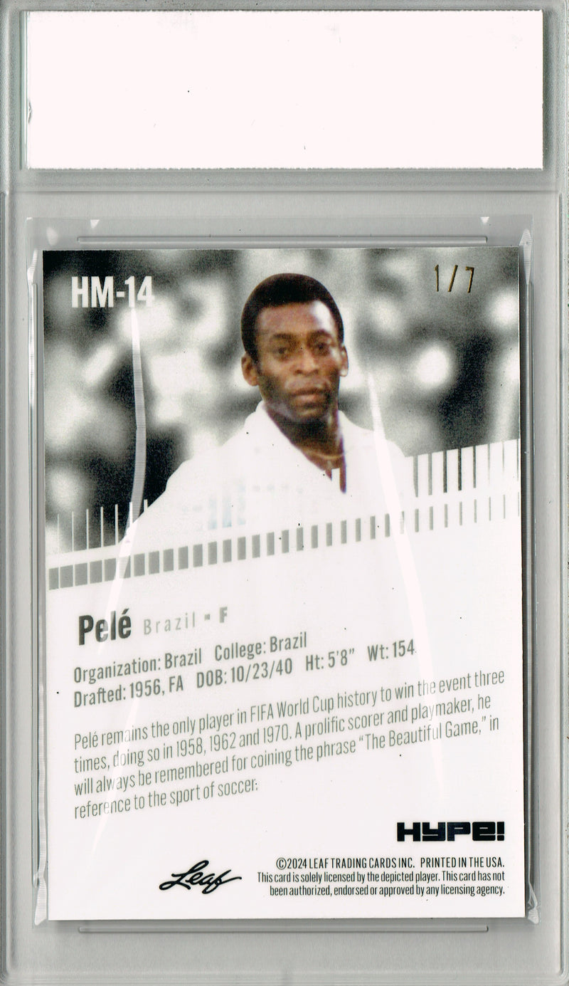 Pele Trading Card 2024 Leaf HYPE! #HM-14 Metal The #1/7 Black, PGI 10, Brazil Soccer