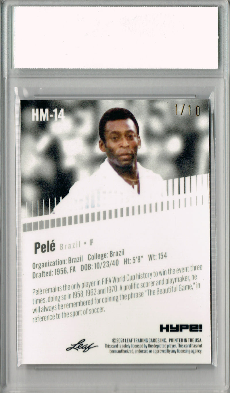 Pele Trading Card 2024 Leaf HYPE! #HM-14 Metal The #1/10 Pink, PGI 10, Brazil Soccer