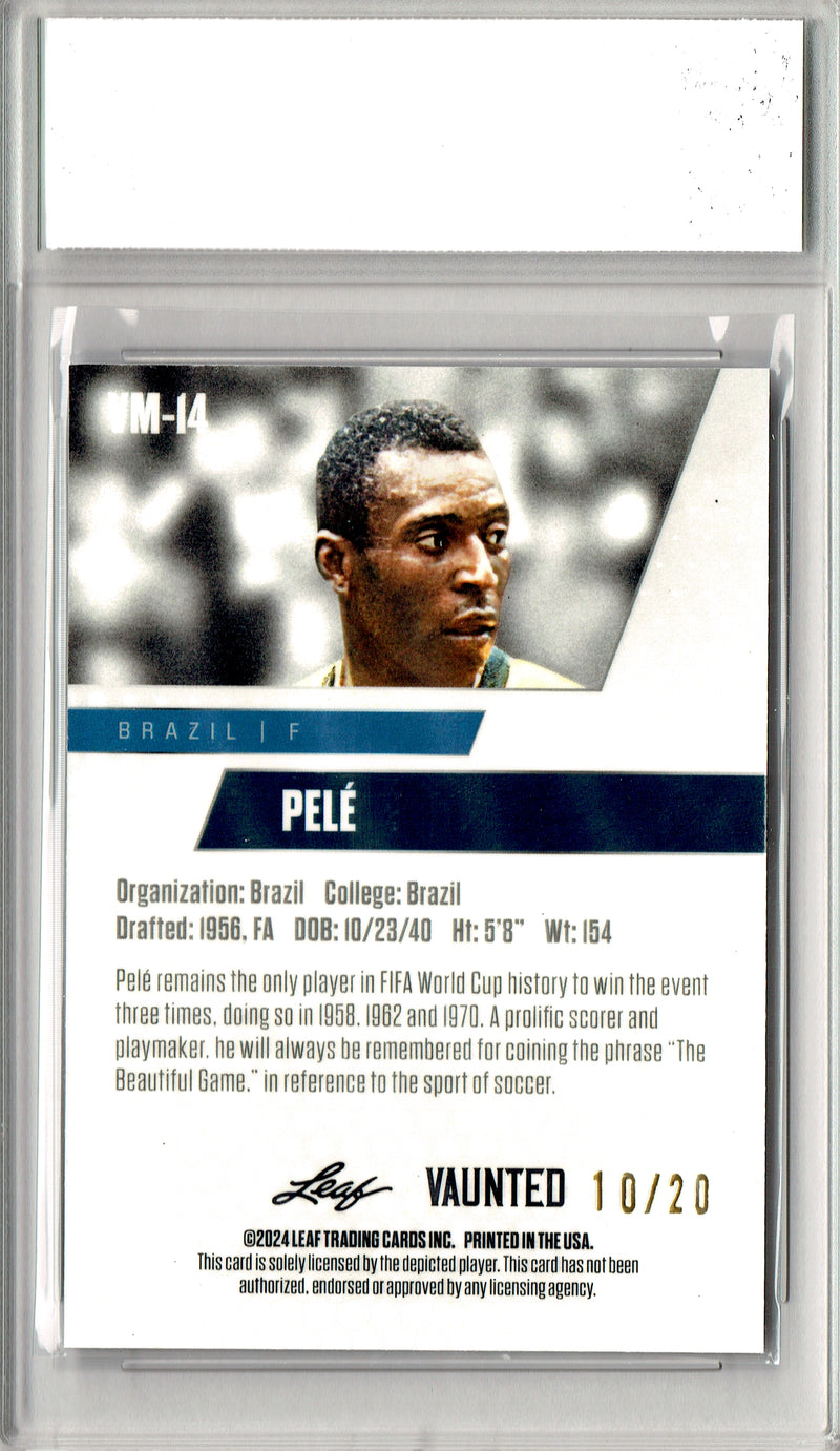 Pele Trading Card 2024 Leaf Vaunted #VM-14 Blue Jersey SP #10/20, PGI 10, Brazil Soccer