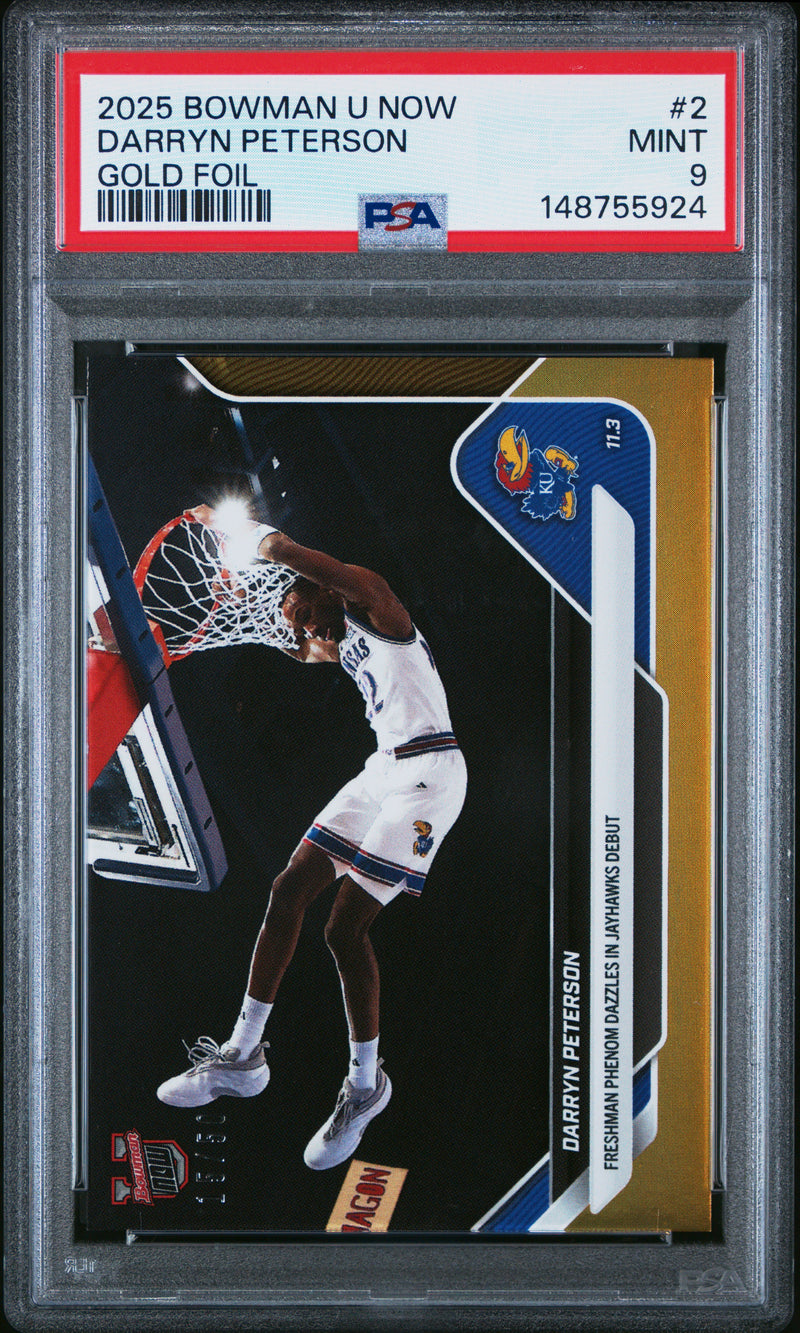 PSA 9 Darryn Peterson 2025 Bowman University Now #2 Gold SP #15/50 Rookie Card Kansas Jayhawks