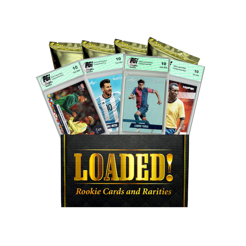 LOADED! Lock Soccer Collector's Box: 4 PGI 10 Rookie Cards - Lionel Messi, Cristiano Ronaldo, Lamine Yamal, Pele