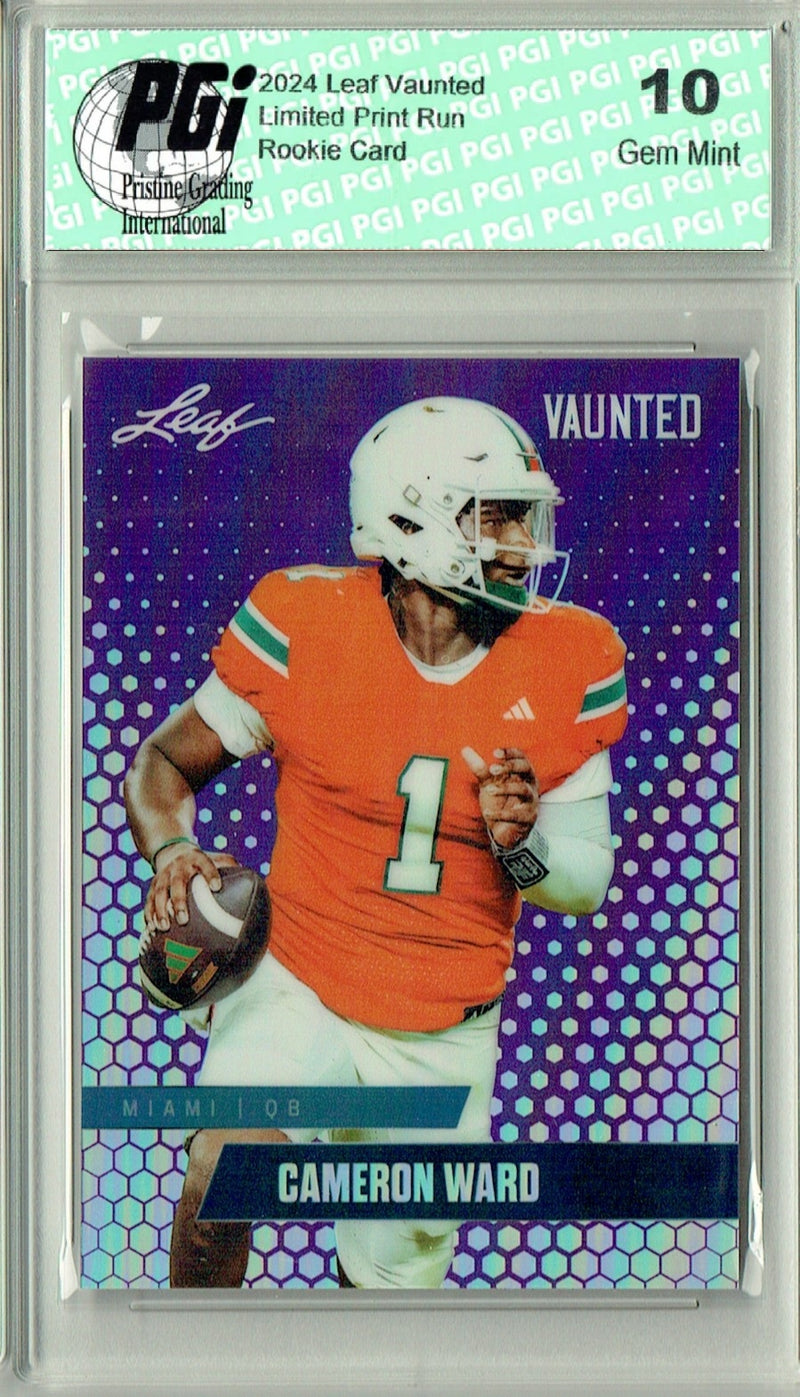 Cam Ward Rookie Card Tennessee PGI 10 Gem Mint Football Trading Card 2024 Leaf Vaunted Metal #VM-01 Purple 15 Made