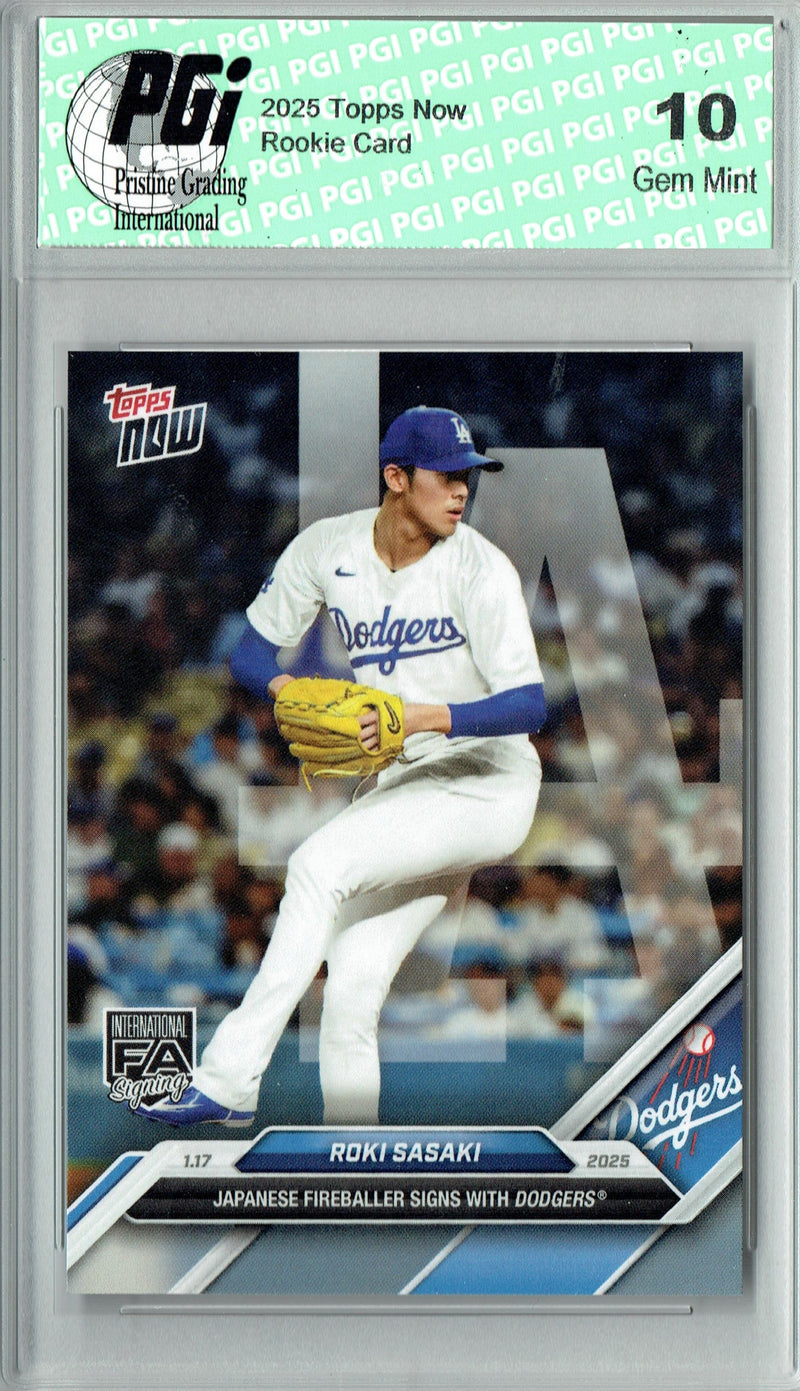 Roki Sasaki 2025 Topps Now #OS-13 Signs w Dodgers Rookie Card PGI 10