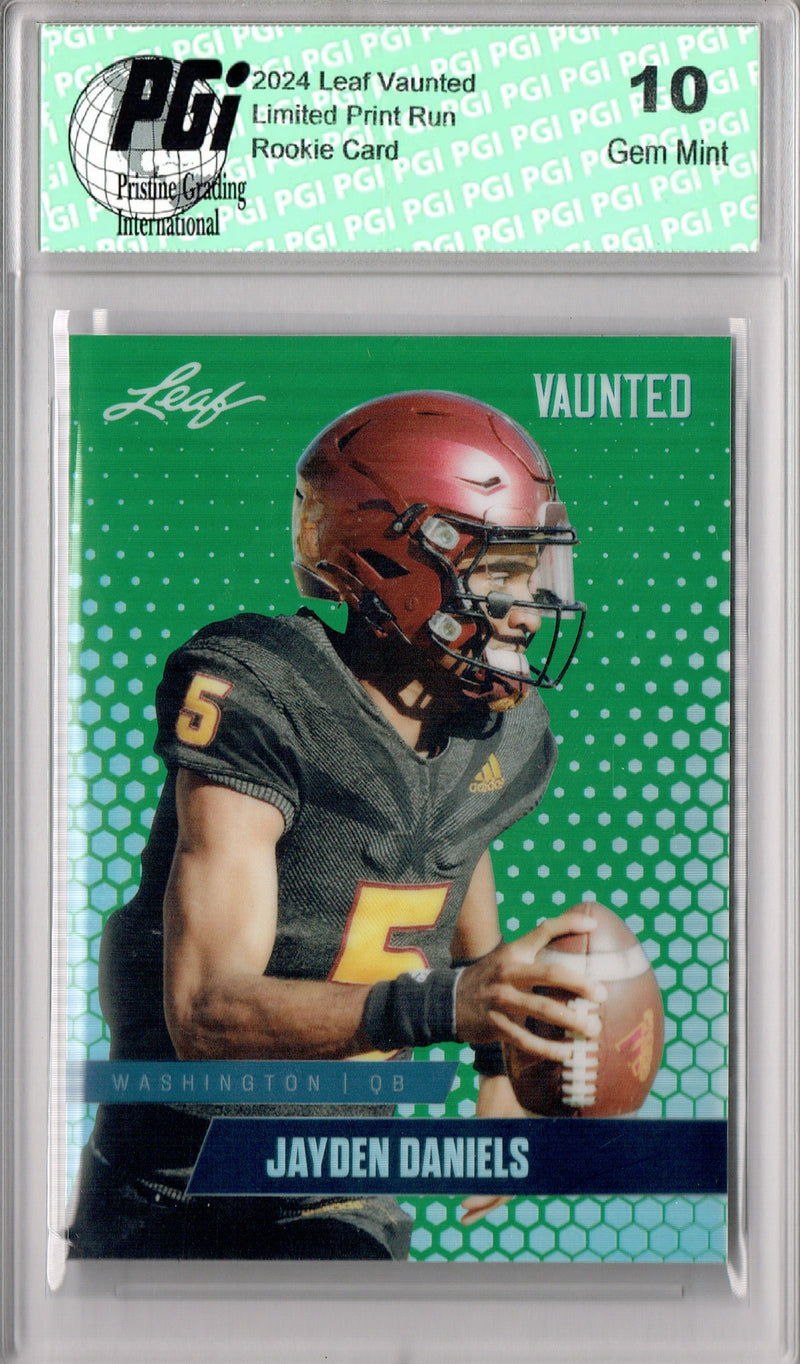 Jayden Daniels Rookie Card Washington PGI 10 Gem Mint Football Trading Card 2024 Leaf Vaunted Metal #VM-06 Green 5 Made