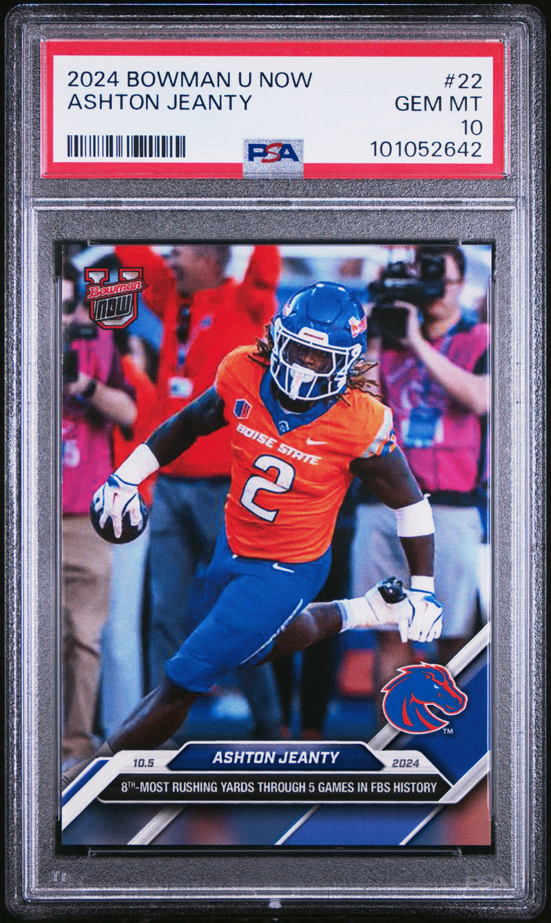 PSA 10 Ashton Jeanty 2024 Bowman University Now #22 Most Yards Rookie Card Boise State Broncos