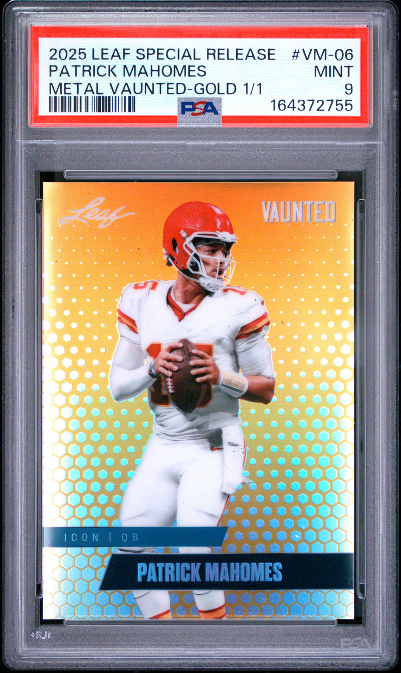 Patrick Mahomes Trading Card 2025 Leaf Vaunted Metal #VM-06 Gold 1/1, PSA 9, Kansas City Football