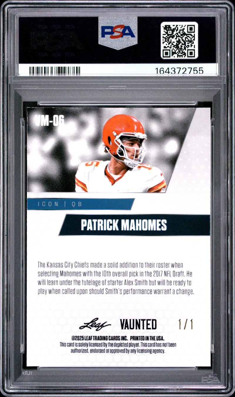 Patrick Mahomes Trading Card 2025 Leaf Vaunted Metal #VM-06 Gold 1/1, PSA 9, Kansas City Football