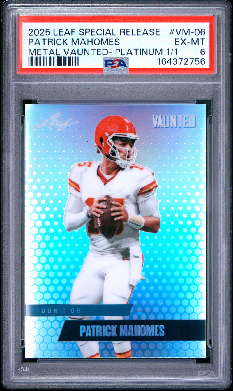 Patrick Mahomes Trading Card 2025 Leaf Vaunted Metal #VM-06 Platinum 1/1, PSA 6, Kansas City Football
