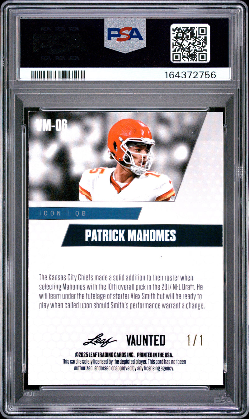 Patrick Mahomes Trading Card 2025 Leaf Vaunted Metal #VM-06 Platinum 1/1, PSA 6, Kansas City Football