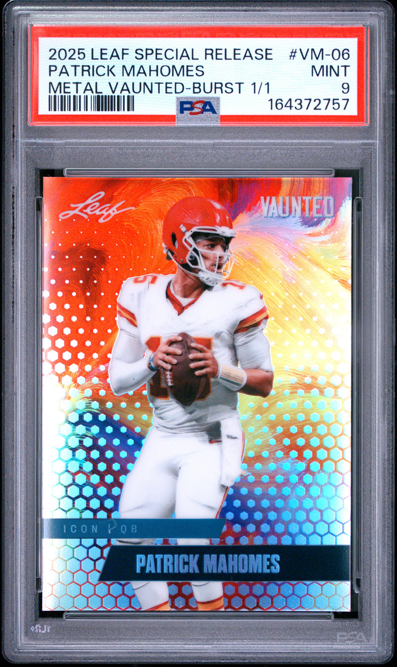 Patrick Mahomes Trading Card 2025 Leaf Vaunted Metal #VM-06 Burst 1/1, PSA 9, Kansas City Football