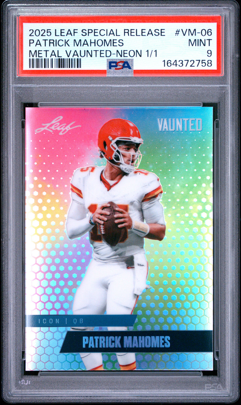 Patrick Mahomes Trading Card 2025 Leaf Vaunted Metal #VM-06 Neon 1/1, PSA 9, Kansas City Football