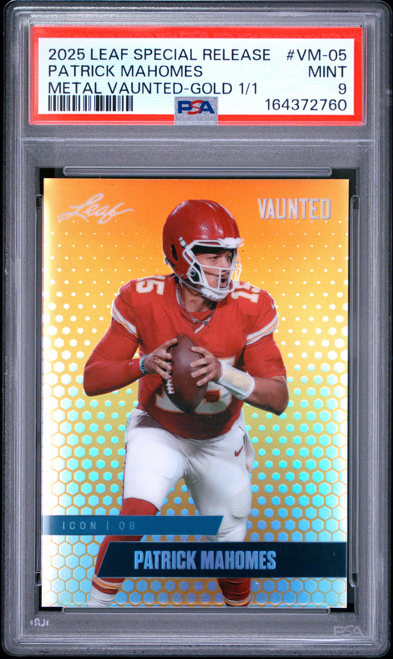 Patrick Mahomes Trading Card 2025 Leaf Vaunted Metal #VM-05 Gold 1/1, PSA 9, Kansas City Football