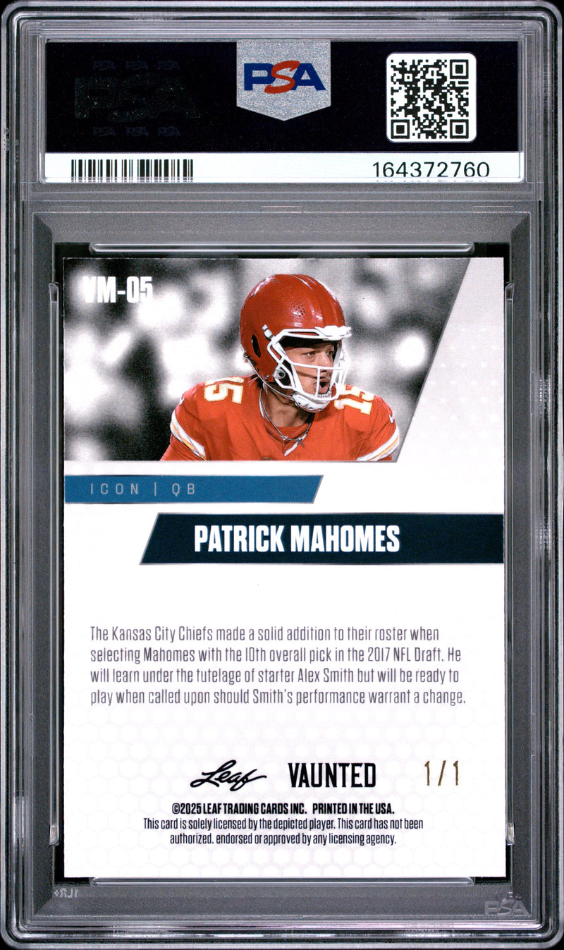 Patrick Mahomes Trading Card 2025 Leaf Vaunted Metal #VM-05 Gold 1/1, PSA 9, Kansas City Football