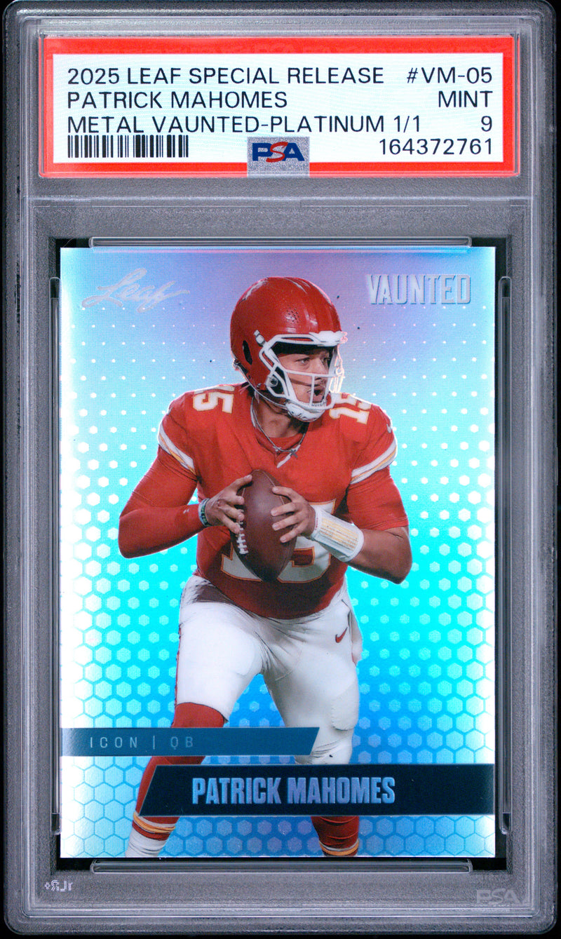 Patrick Mahomes Trading Card 2025 Leaf Vaunted Metal #VM-05 Platinum 1/1, PSA 9, Kansas City Football