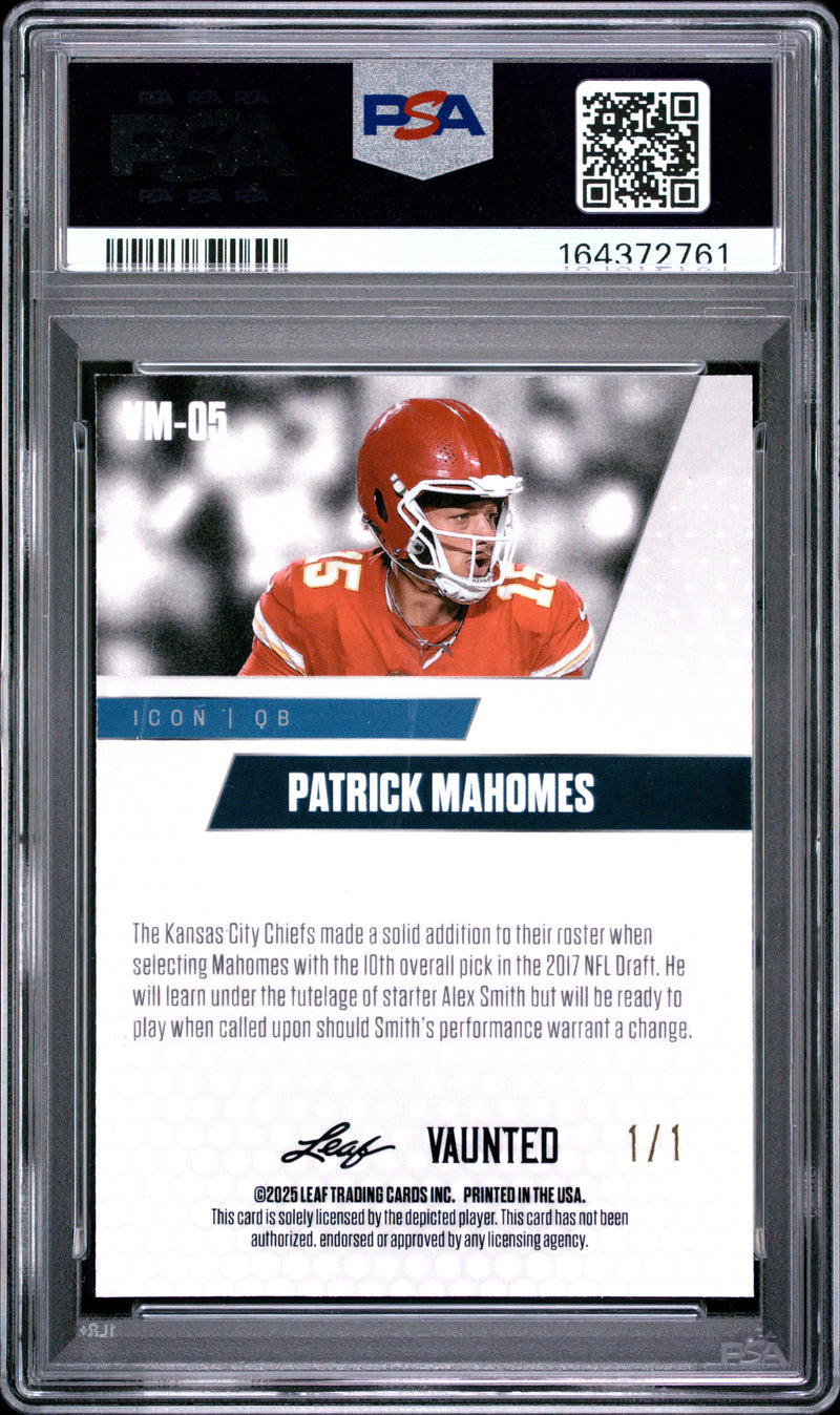 Patrick Mahomes Trading Card 2025 Leaf Vaunted Metal #VM-05 Platinum 1/1, PSA 9, Kansas City Football