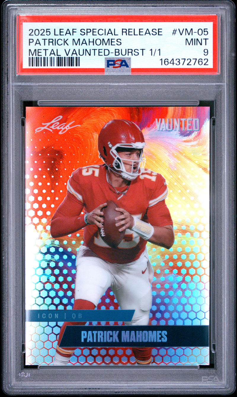 Patrick Mahomes Trading Card 2025 Leaf Vaunted Metal #VM-05 Burst 1/1, PSA 9, Kansas City Football