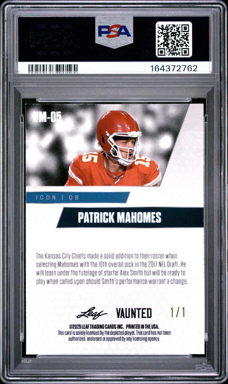 Patrick Mahomes Trading Card 2025 Leaf Vaunted Metal #VM-05 Burst 1/1, PSA 9, Kansas City Football