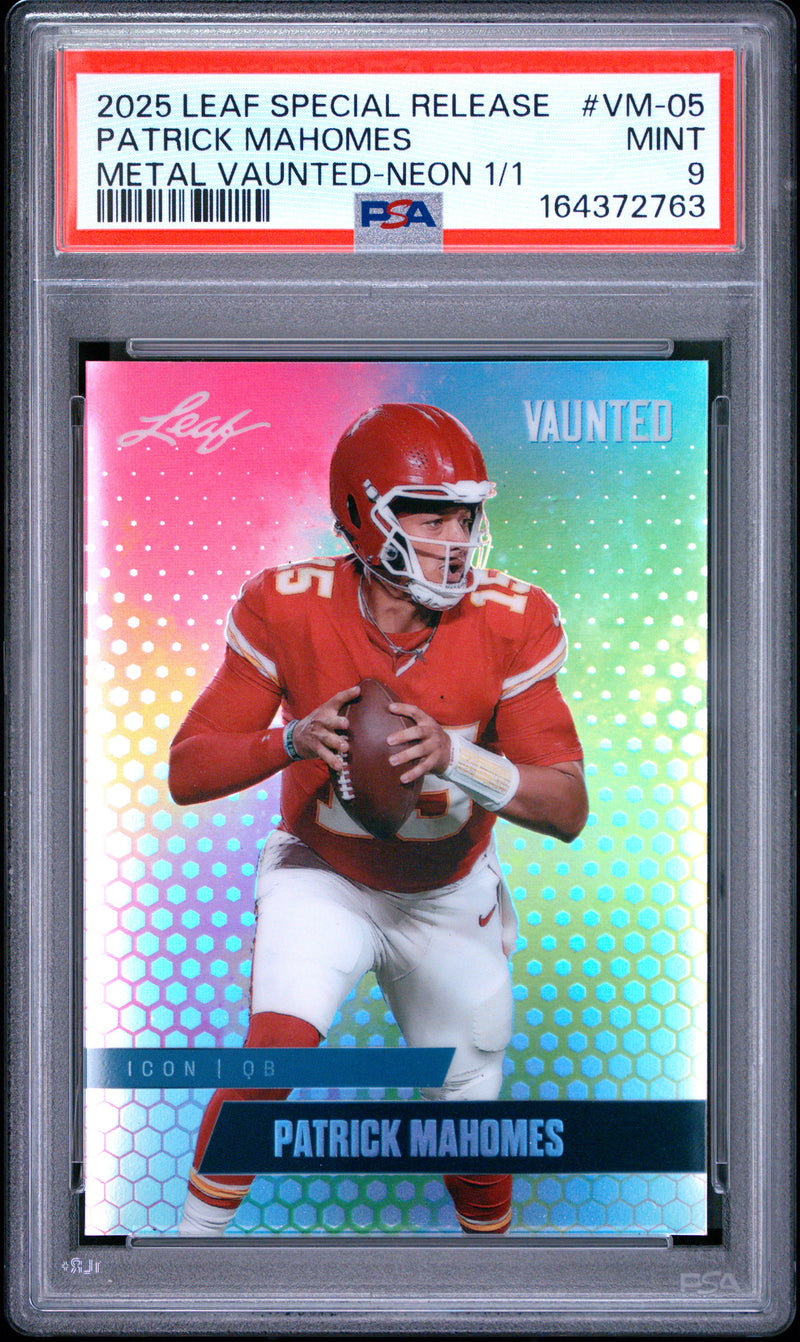 Patrick Mahomes Trading Card 2025 Leaf Vaunted Metal #VM-05 Neon 1/1, PSA 9, Kansas City Football