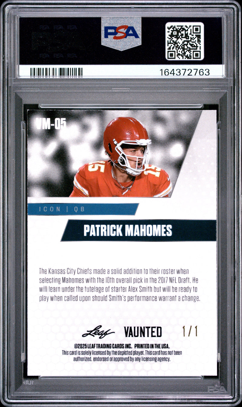 Patrick Mahomes Trading Card 2025 Leaf Vaunted Metal #VM-05 Neon 1/1, PSA 9, Kansas City Football