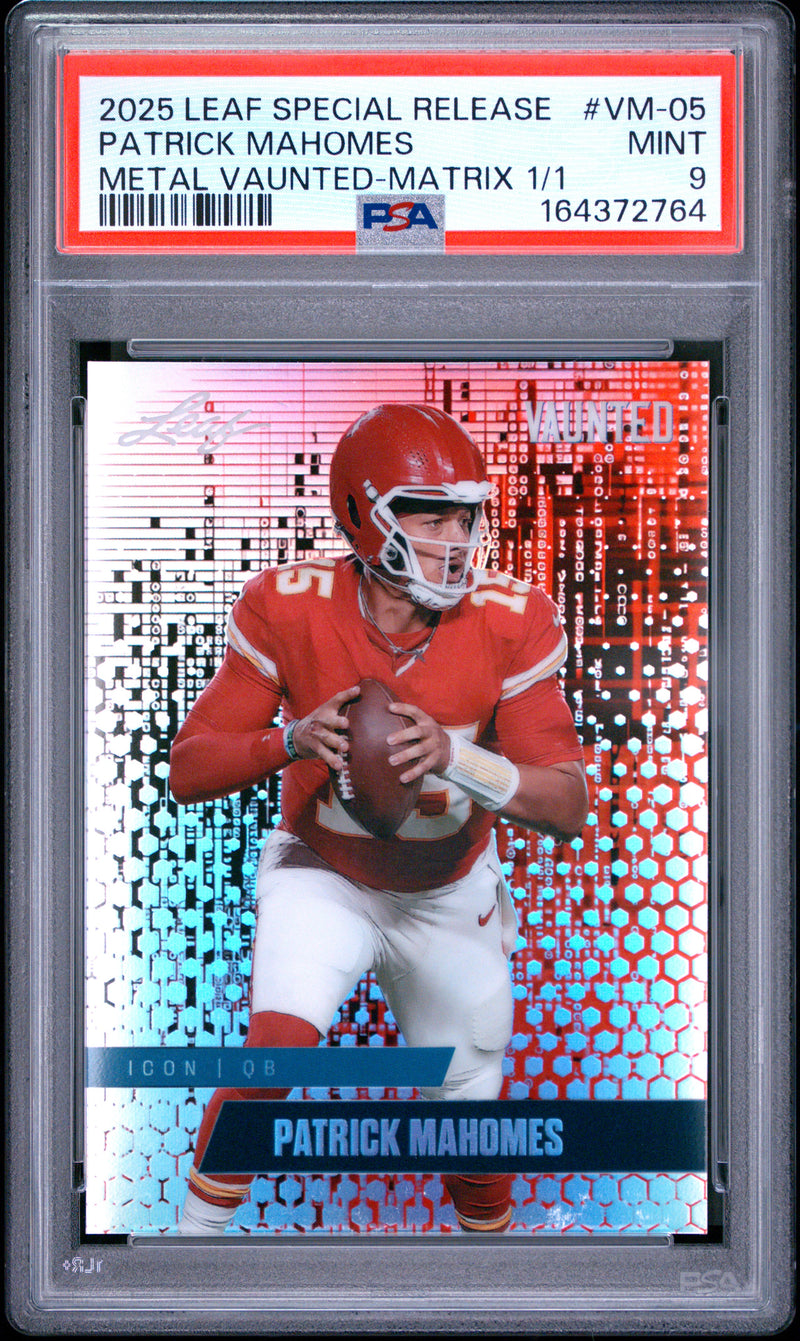 Patrick Mahomes Trading Card 2025 Leaf Vaunted Metal #VM-05 Matrix 1/1, PSA 9, Kansas City Football
