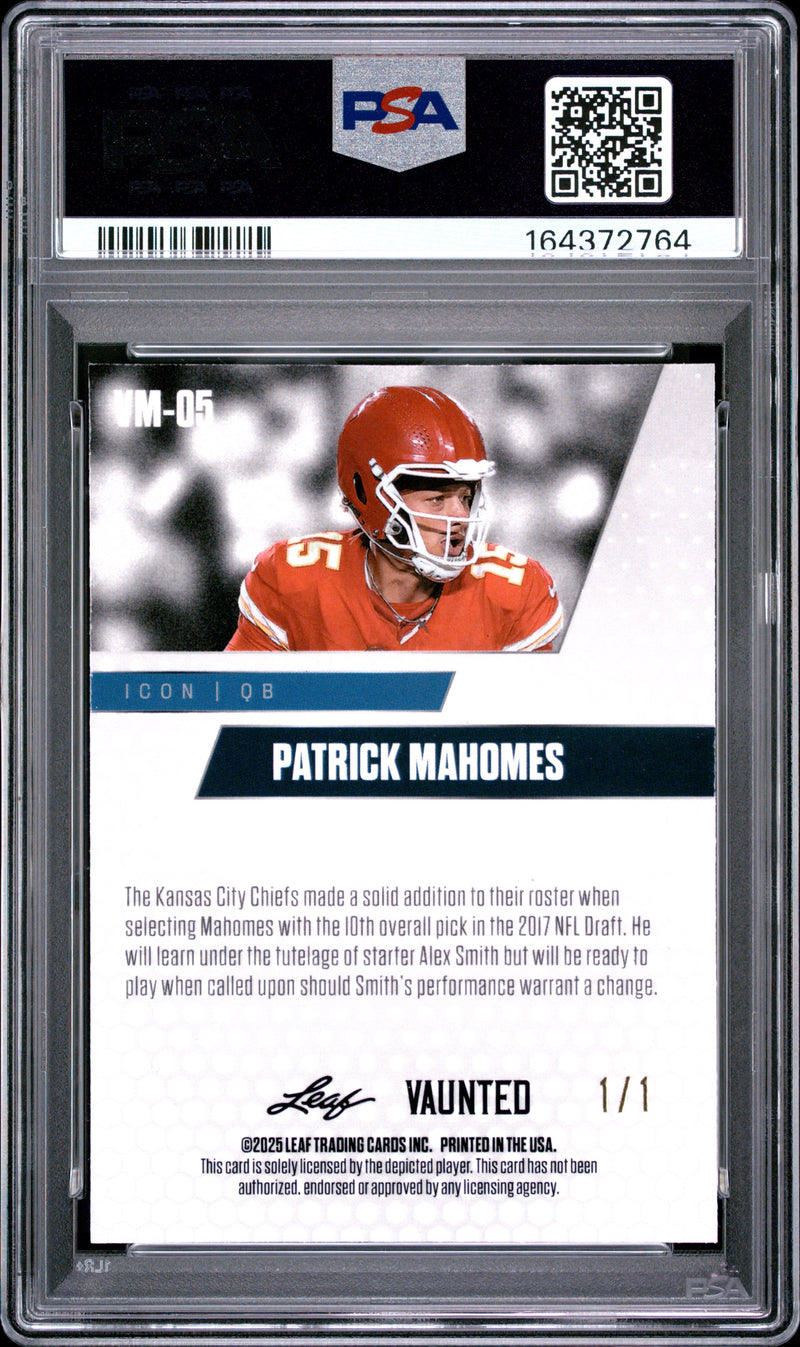 Patrick Mahomes Trading Card 2025 Leaf Vaunted Metal #VM-05 Matrix 1/1, PSA 9, Kansas City Football