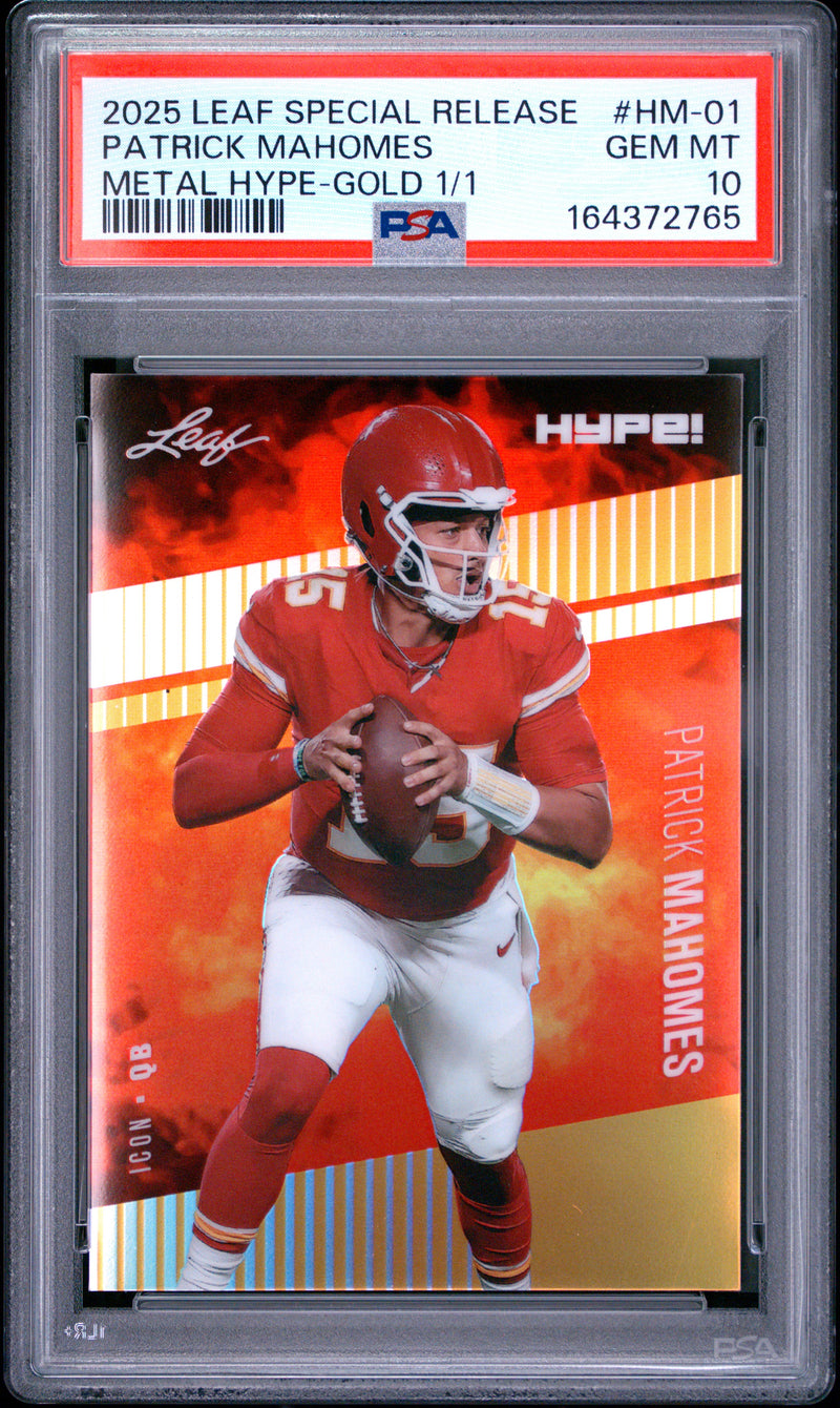 Patrick Mahomes Trading Card 2025 Leaf HYPE! Metal #HM-01 Gold 1/1, PSA 10, Kansas City Football