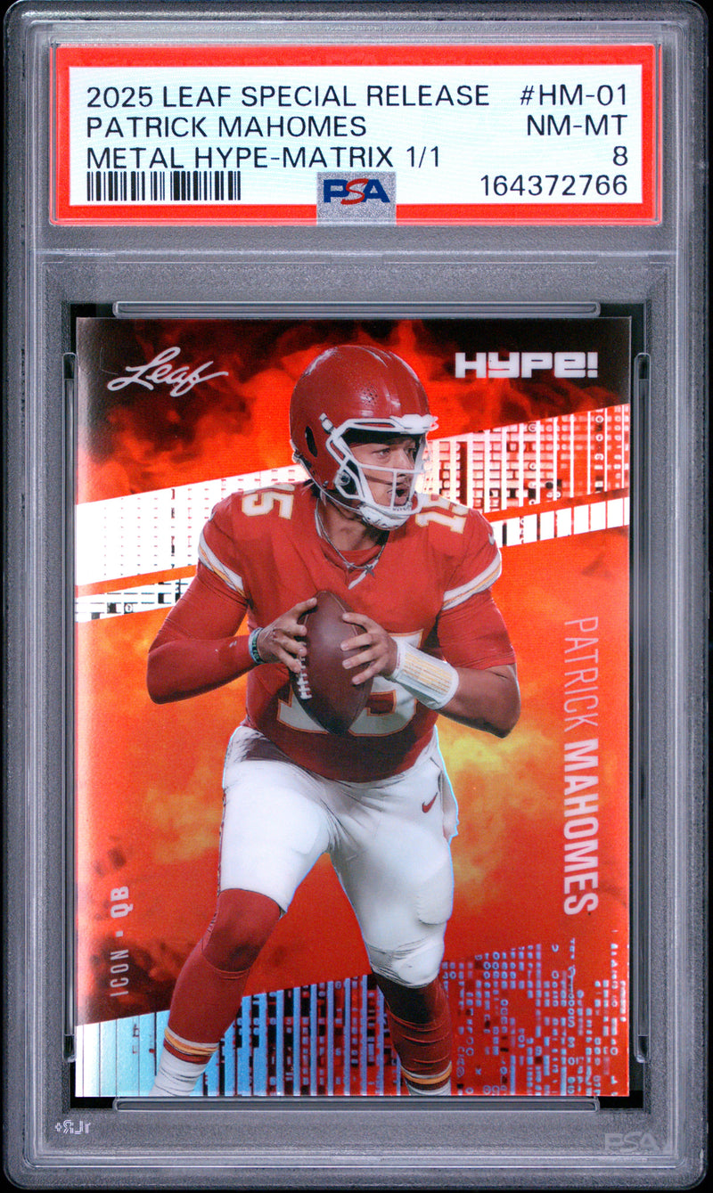 Patrick Mahomes Trading Card 2025 Leaf HYPE! Metal #HM-01 Matrix 1/1, PSA 8, Kansas City Football