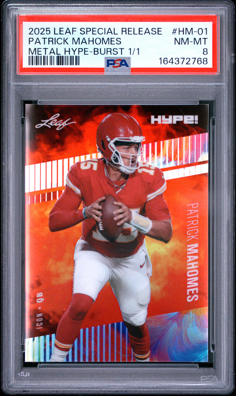 Patrick Mahomes Trading Card 2025 Leaf HYPE! Metal #HM-01 Burst 1/1, PSA 8, Kansas City Football