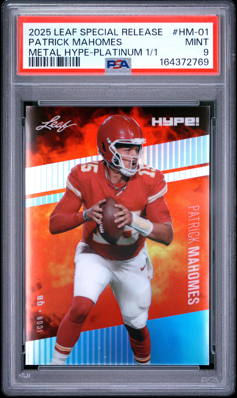 Patrick Mahomes Trading Card 2025 Leaf HYPE! Metal #HM-01 Platinum 1/1, PSA 9, Kansas City Football
