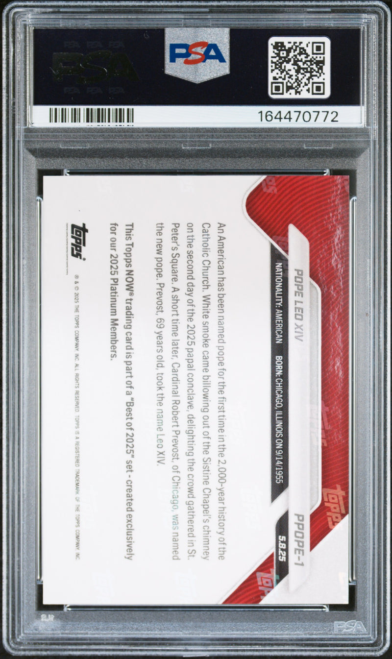 Pope Leo XIV Rookie Card 2025 Topps Now #Pope-1 Platinum Member Best Of, PSA 9, Vatican Baseball