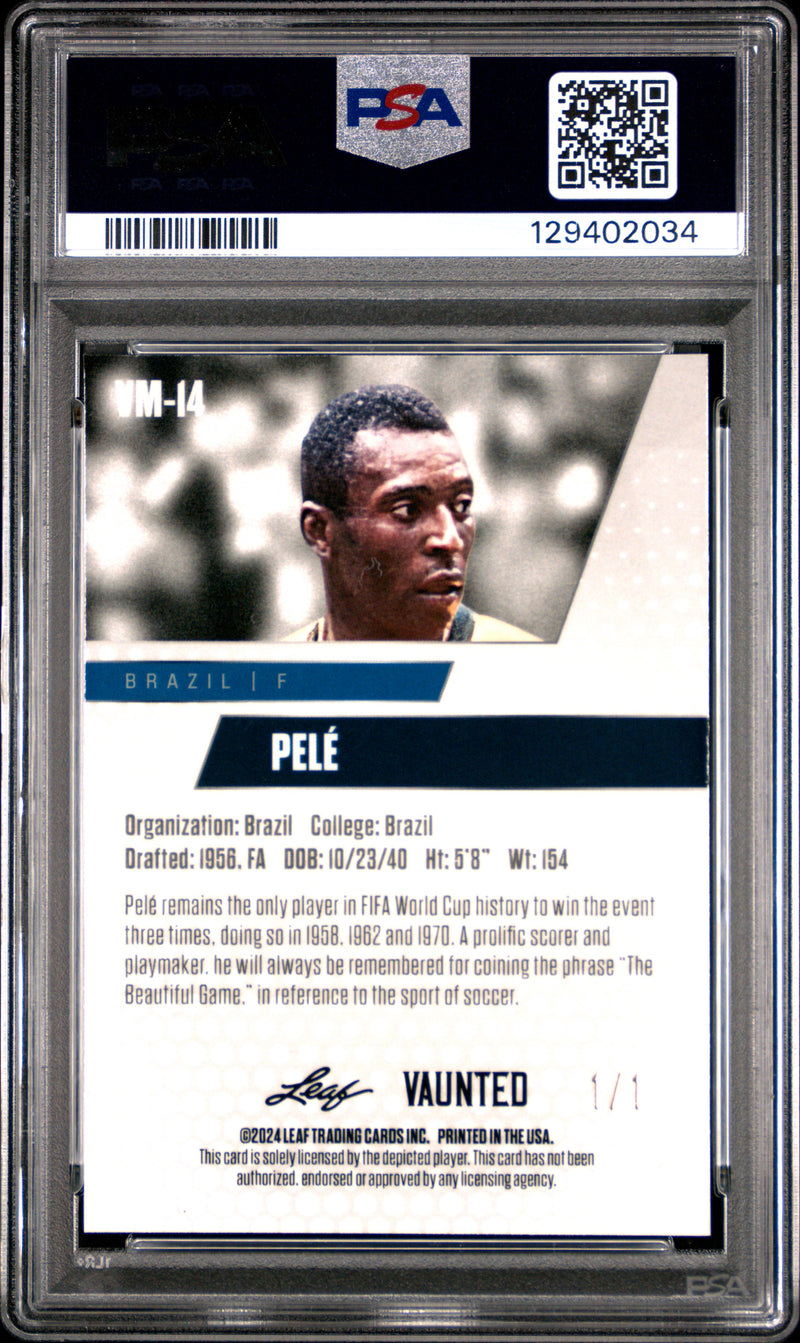 PSA 10 Pele 2024 Leaf Vaunted Metal #VM-14 Black Superprismatic 1/1 Rare Trading Card Brazil