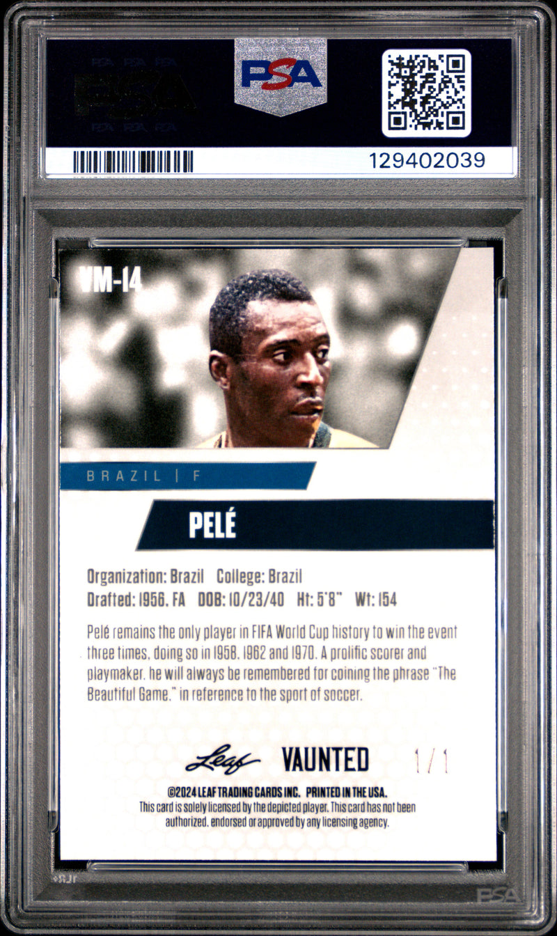 PSA 9 Pele 2024 Leaf Vaunted Metal #VM-14 Gold Superprismatic 1/1 Rare Trading Card Brazil