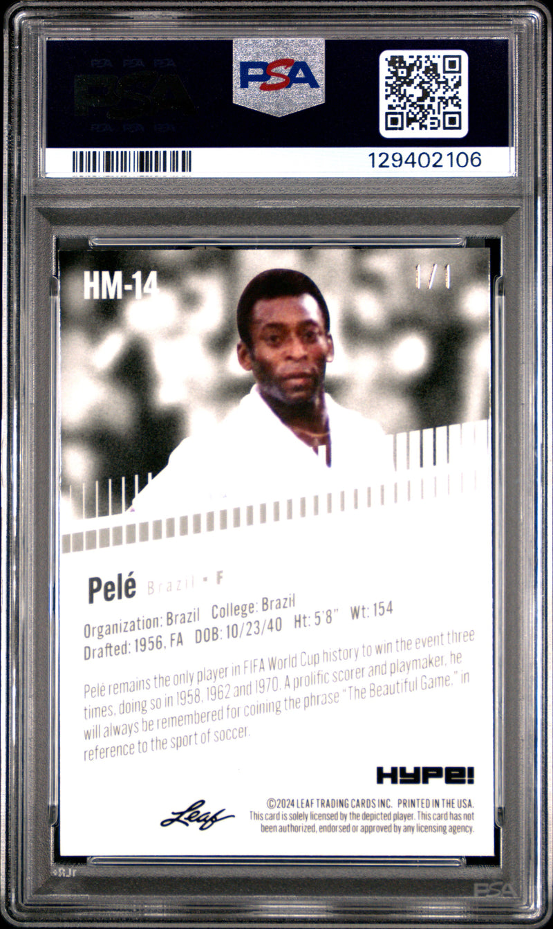 PSA 9 Pele 2024 Leaf HYPE! Metal #HM-14 Burst 1/1 Rare Trading Card Brazil