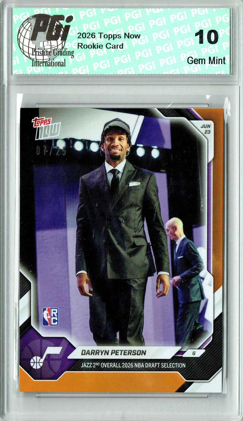 Darryn Peterson Rookie Card 2026 Topps Now #DPET Orange #7/25, PGI 10, Utah Jazz Basketball
